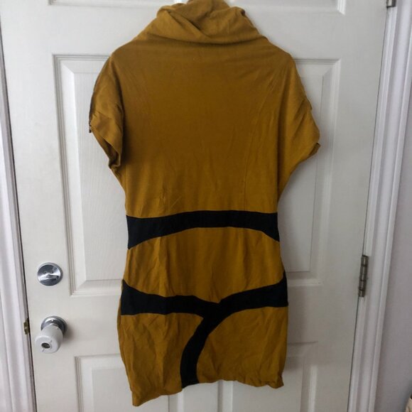 [Women's L] Cowl Neck Mini Dress Mustard Yellow Black Colorblock Futuristic - Picture 4 of 6